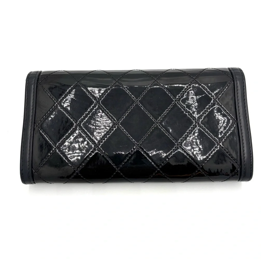 CHANEL Black Quilted Patent‎ Leather Wallet with Elegant Silver Accents